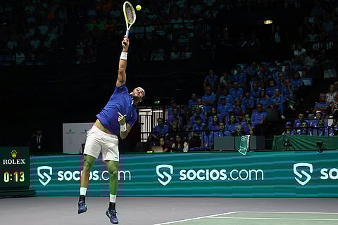 Davis Cup Tennis, Italy vs Brazil: Matteo Berrettini, of Italy, serves to Joao Fonseca, of Brazil